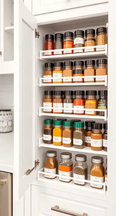 A neat spice rack filled with labeled jars of colorful spices, displayed in a modern white kitchen.