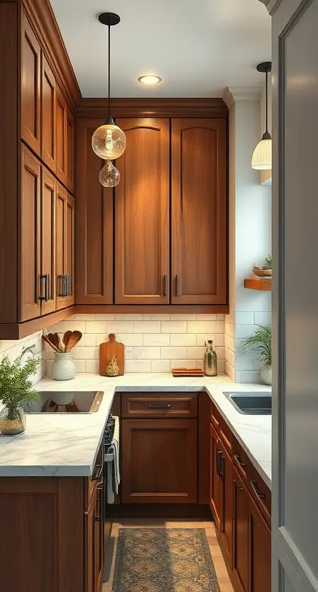 A tiny cottage kitchen with warm walnut cabinets, a marble countertop, and a reeded glass backsplash. The space is illuminated by soft pendant lighting, creating a cozy, layered look.