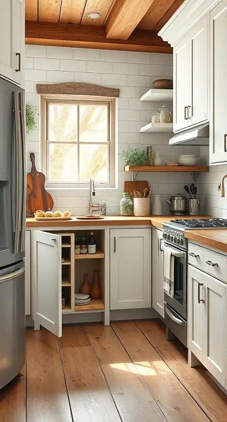 A rustic cottage kitchen with white shaker cabinets and hidden pull-out shelves in the island. The space includes a built-in spice rack inside a cabinet door and a toe-kick drawer for extra storage.