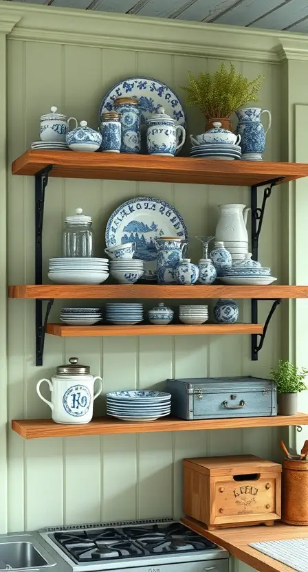 A quaint cottage kitchen with reclaimed wooden shelves mounted on black wrought iron brackets. The shelves are adorned with blue-and-white china, glass mason jars, and a vintage bread box. The walls are painted in a soft sage green for a calming effect.