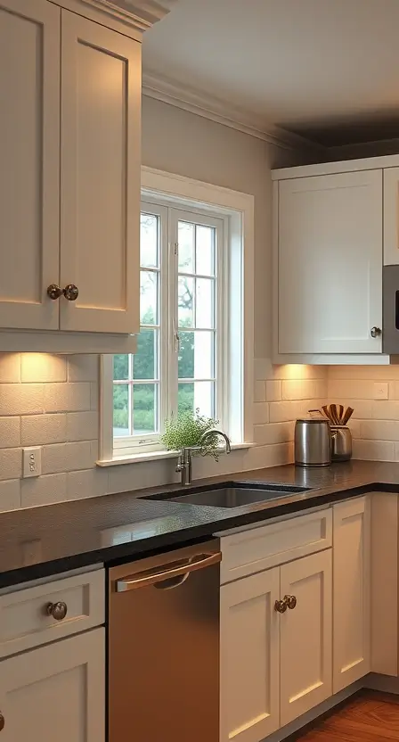 A modern cottage kitchen with white cabinets and warm under-cabinet LED lighting. The countertops are made of dark granite, and the backsplash features subway tiles. A small herb garden sits on the windowsill, basking in the soft glow of the lights.