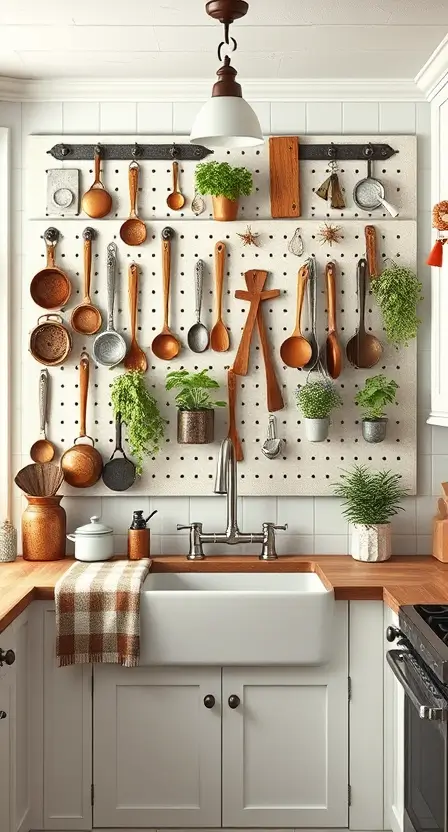 A rustic cottage kitchen with a large pegboard mounted on the wall. The pegboard holds copper pots, wooden spoons, and hanging herb planters. The surrounding space features white cabinets and a farmhouse sink for a balanced look.