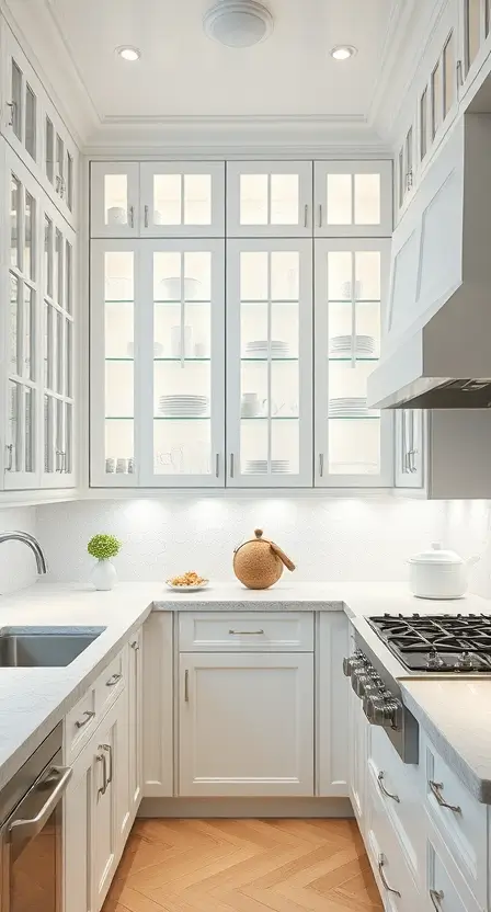 A bright cottage kitchen with white glass-front cabinets showcasing white dishes and clear glassware. The cabinets are lit from within, creating a glowing effect. The countertops are made of light gray quartz, and the backsplash features hexagonal tiles for added texture.