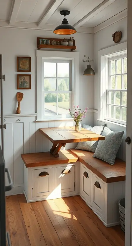 A charming cottage kitchen with a fold-down wooden table attached to the wall. The table is paired with a built-in bench featuring storage compartments underneath. The nook is accented with cushioned seating and throw pillows for added comfort.