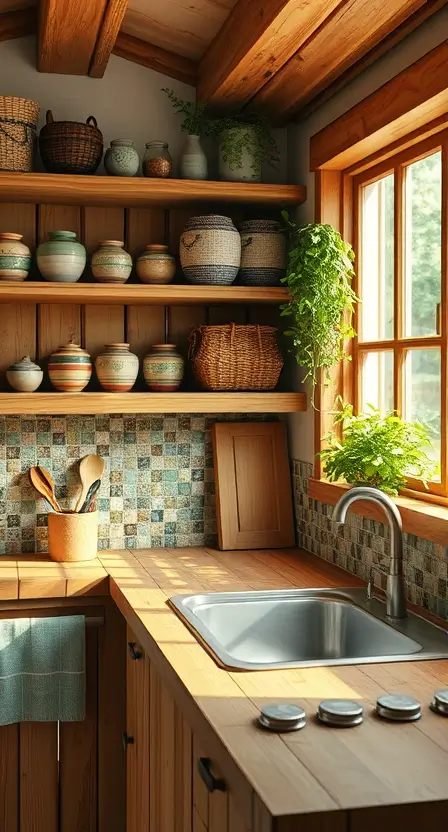 A rustic cottage kitchen with bamboo countertops and a recycled glass mosaic backsplash. The space features open reclaimed wood shelves displaying ceramic jars and woven baskets. A small indoor herb garden sits on the windowsill, adding a touch of greenery.