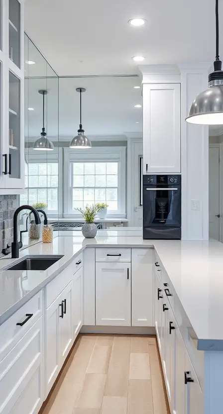 A modern cottage kitchen with a full-length mirrored backsplash that reflects the white cabinets and pendant lighting. The countertops are made of light gray quartz, and the space is accented with matte black hardware for a sleek, contemporary look.