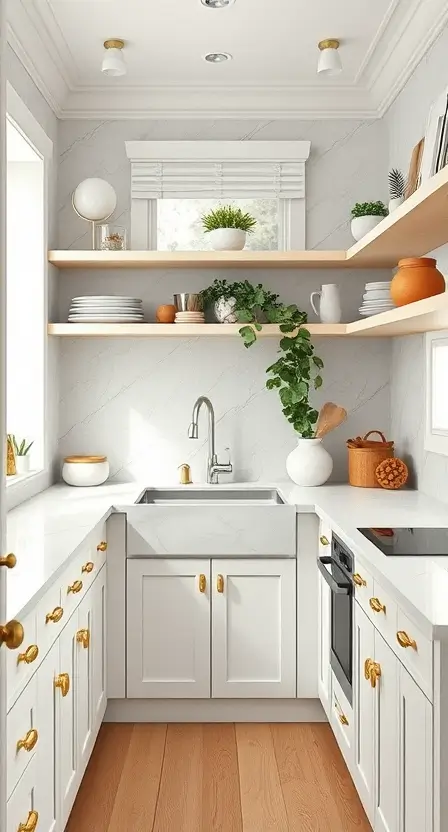 A compact cottage kitchen with a white marble countertop flowing seamlessly into the backsplash. The space features open shelving and brass hardware, adding a touch of sophistication.