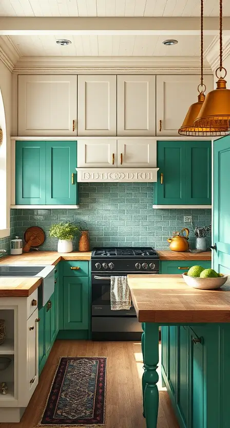 A charming cottage kitchen with cream upper cabinets and emerald green lower cabinets. The space includes a butcher block island and gold accents, creating a harmonious blend of colors and textures.