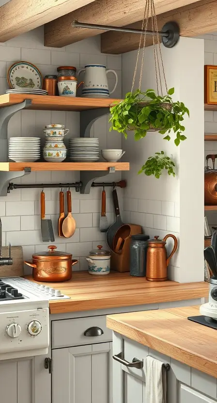 A rustic cottage kitchen with open wooden shelves displaying hand-painted dishes and copper cookware. A magnetic knife strip and hanging herb garden add both style and practicality.