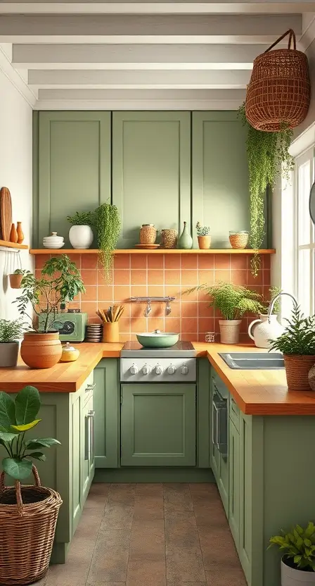 A serene cottage kitchen with sage green cabinets, a terracotta backsplash, and bamboo countertops. The space is adorned with potted herbs and woven baskets, exuding a natural, earthy charm.