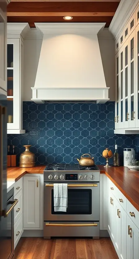 A cozy cottage kitchen with a navy blue geometric tile accent wall behind the stove. The rest of the kitchen features white cabinets, wooden countertops, and brass fixtures, creating a striking contrast.