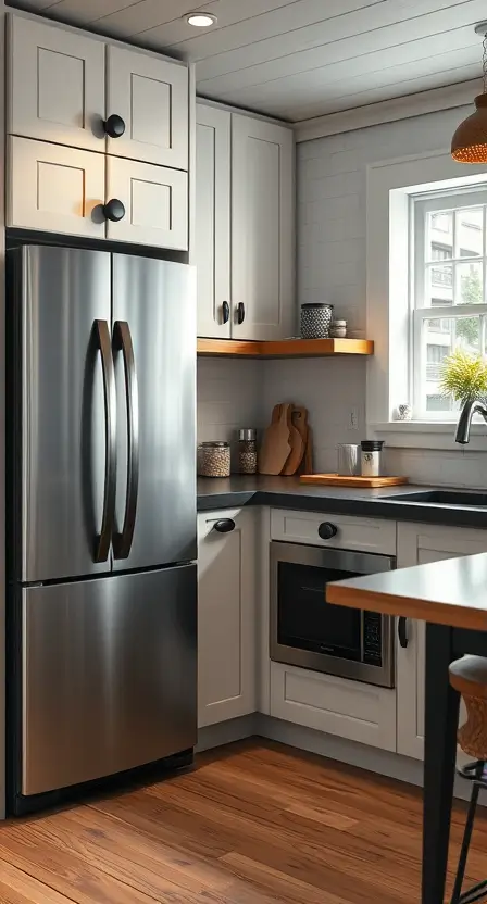 A modern cottage kitchen with a slim stainless steel refrigerator, a compact dishwasher, and a combination oven-microwave built into the cabinetry. The space is accented with matte black hardware and minimalist decor.