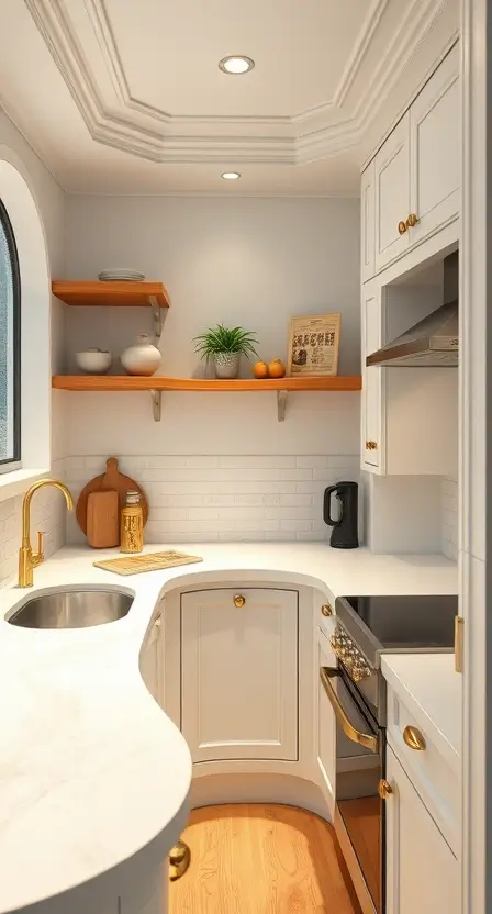 A tiny kitchen with white curved countertops and matching rounded cabinets. The space features a small circular sink, gold faucets, and floating wooden shelves for a touch of warmth.