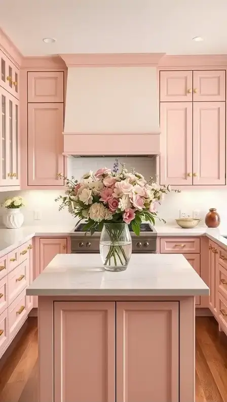 A bright kitchen with soft blush-colored cabinets, white marble countertops, gold handles, and a vase of fresh flowers on the island.