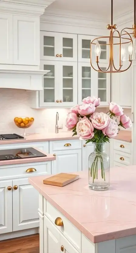 A contemporary kitchen featuring blush pink quartz countertops, white shaker cabinets, brass drawer pulls, and a vase of fresh peonies on the island.