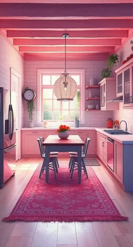 A cozy farmhouse kitchen with a pink and gray patterned rug placed under a wooden dining table, surrounded by upholstered chairs and a bowl of fruit as a centerpiece.