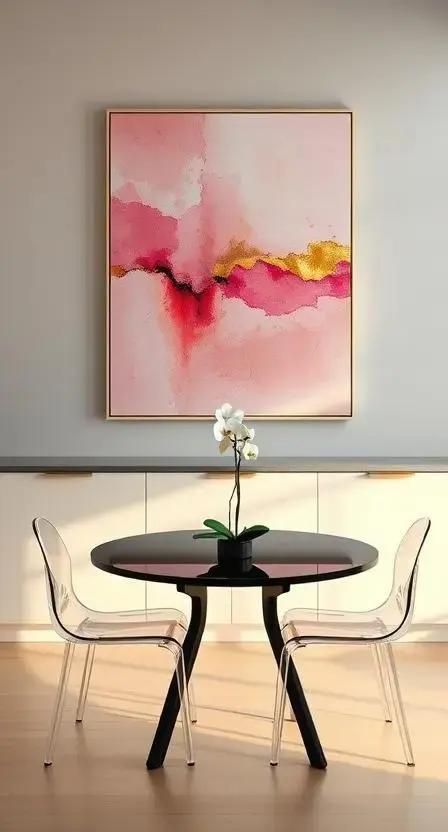 A minimalist kitchen with a large abstract painting in shades of pink and gold hanging above a sleek black dining table, paired with ghost chairs and a single orchid in a vase.