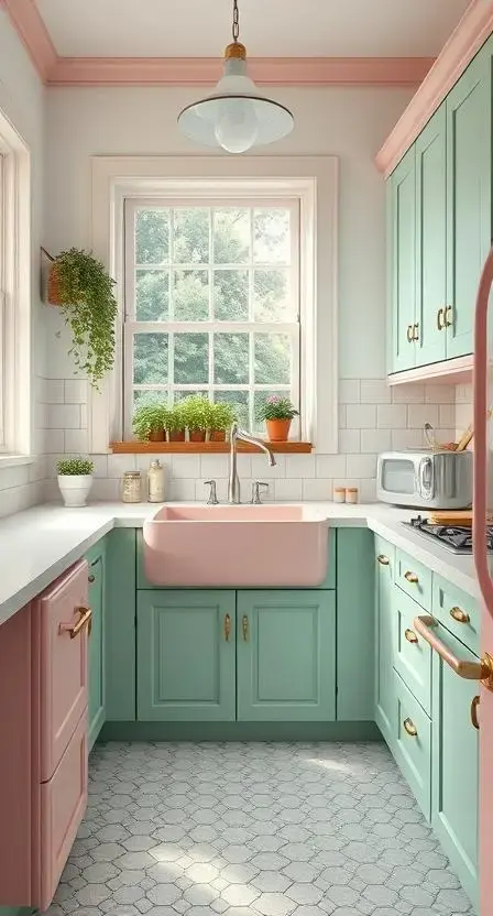 A vintage-inspired kitchen featuring a pastel pink farmhouse sink, mint green cabinets, hexagonal floor tiles, and a window box filled with herbs.