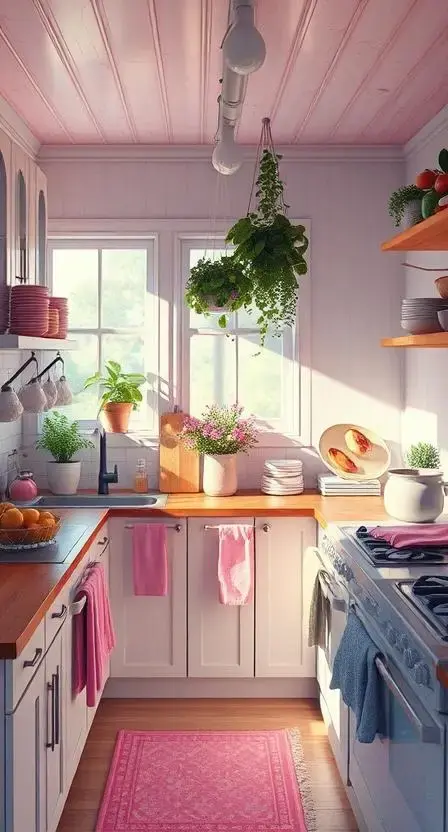 A cozy kitchen with pink striped dish towels hanging from brass hooks, a matching table runner on a wooden dining table, and a bowl of fresh strawberries as a centerpiece.