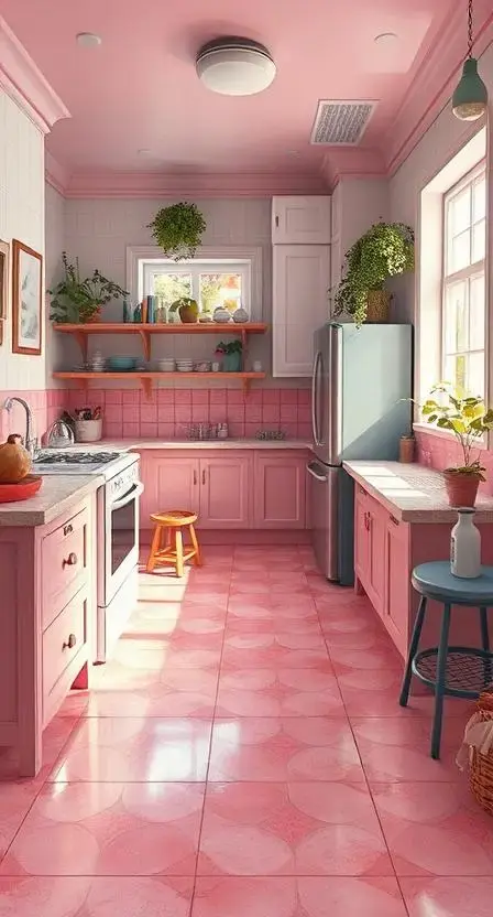 A vintage-style kitchen with pink terracotta tiles, white beadboard walls, a farmhouse sink, and potted plants lining the countertops.