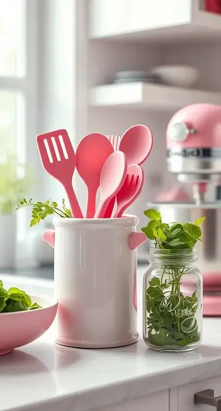 A bright kitchen with pink silicone utensils neatly arranged in a ceramic crock, paired with a matching pink stand mixer on the counter and fresh herbs in mason jars.