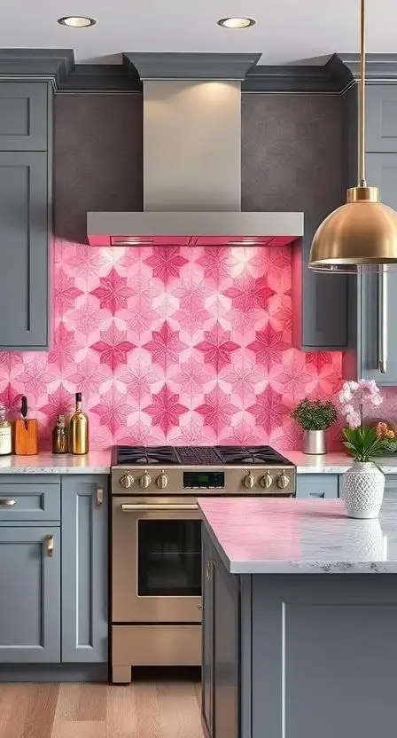 A contemporary kitchen featuring a striking pink geometric tile backsplash behind the stove, paired with gray cabinets and sleek pendant lights above the island.