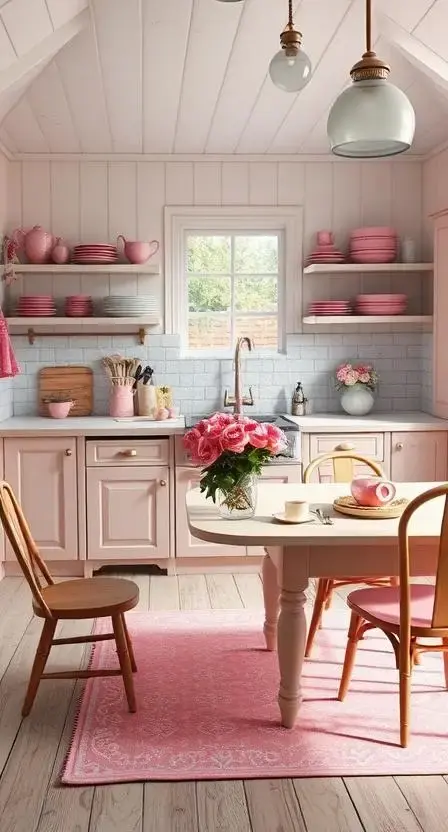 A cozy farmhouse-style kitchen with a pink area rug, pastel pink dishes stacked neatly on open shelves, and a bouquet of pink roses on the dining table.