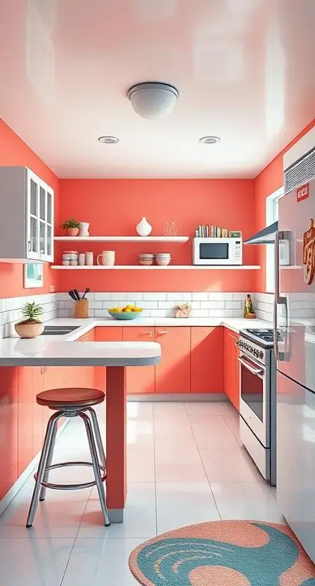 A retro-inspired kitchen with salmon-pink walls, white subway tiles, chrome bar stools, and vintage posters hanging on the wall.