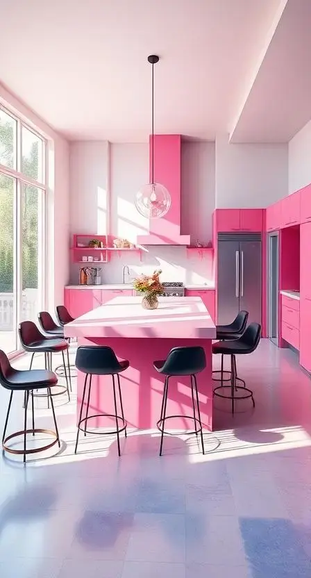 A spacious kitchen with a hot pink island surrounded by black leather bar stools, pendant lights hanging overhead, and large windows letting in natural light.