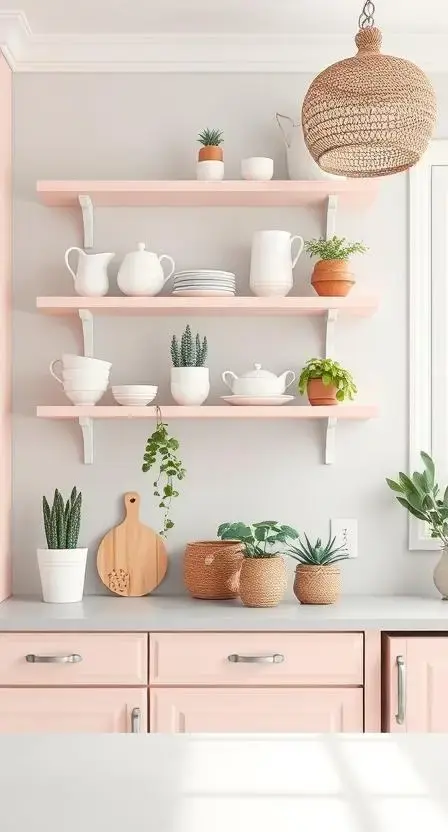 A Scandinavian-inspired kitchen with pale pink floating shelves holding white ceramics, potted succulents, and woven baskets against a backdrop of light gray walls.