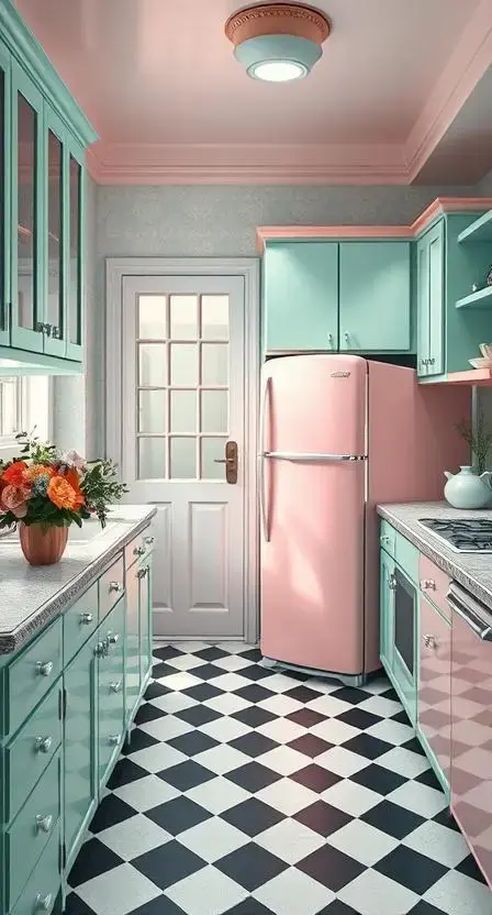 A retro kitchen featuring a baby pink refrigerator, mint green cabinets, black-and-white checkered flooring, and a bouquet of fresh flowers on the countertop.