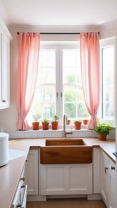 A bright, airy kitchen with floor-to-ceiling windows dressed in soft pink linen curtains, a wooden farmhouse sink, and terracotta pots lining the windowsill.