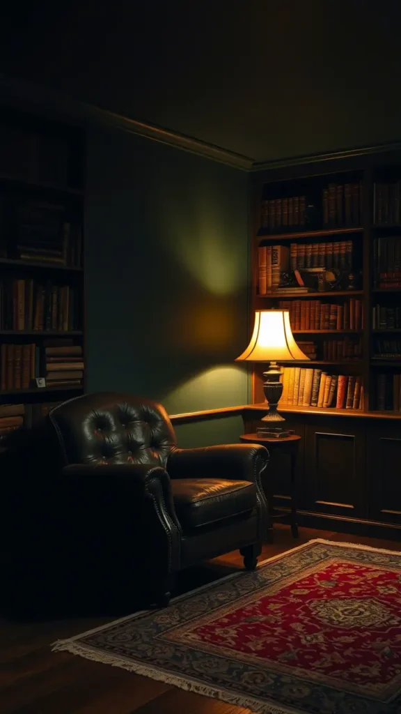 A cozy dark academia basement room with deep green matte painted walls, vintage leather armchair, wooden bookshelves filled with old books, a warm table lamp casting soft light, Persian rug on wooden floor, moody and elegant atmosphere.