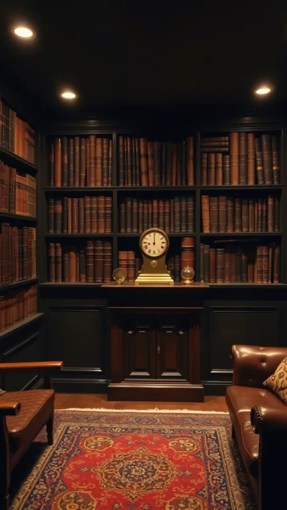 Dark academia basement with a vintage brass mantel clock on a wooden shelf, antique pocket watches on display, dark painted walls, rich wood furniture, bookshelves filled with old books, and a warm, moody, intellectual atmosphere