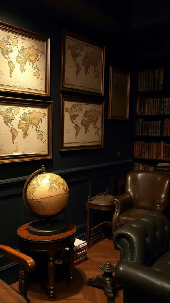 Dark academia basement with vintage world maps framed on the walls, a brass globe on a wooden side table, antique furniture, dark painted walls, warm lighting creating a cozy, intellectual atmosphere