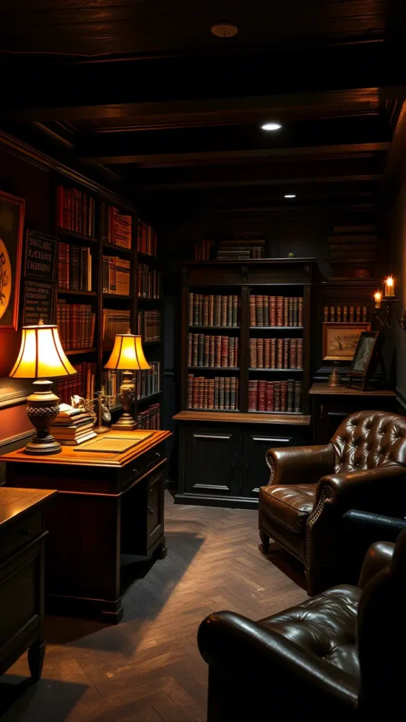 Dark academia basement with dark wood furniture, including a vintage desk, wooden bookcase filled with books, leather armchairs, and a warm, moody atmosphere, complete with antique details and cozy lighting