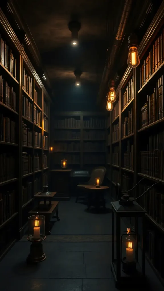 Dark academia basement with antique brass candle holders on bookshelves, dimmed warm Edison bulbs, vintage lanterns casting soft light on dark wood furniture, creating a moody, scholarly atmosphere