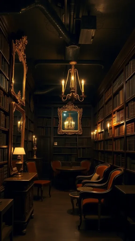 Dark academia basement with antique mirrors framed in gilded brass and carved wood, reflecting warm light from candles, surrounded by vintage furniture, bookshelves, and soft, moody lighting, creating a scholarly and timeless atmosphere