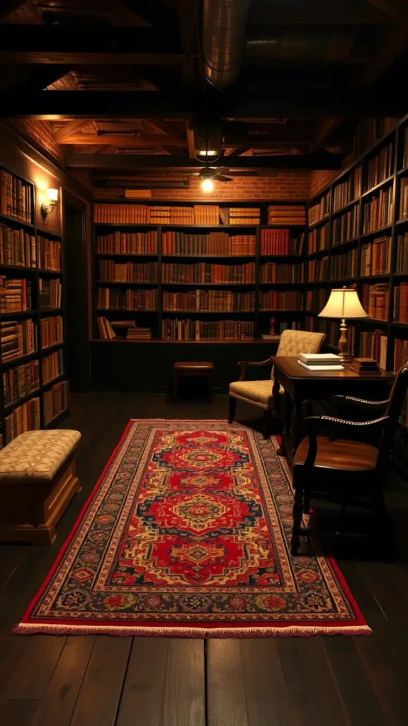 Dark academia basement with a vintage Persian rug on the floor, layered with smaller eclectic rugs, dark wood furniture, bookshelves, and warm lighting creating a scholarly, inviting atmosphere