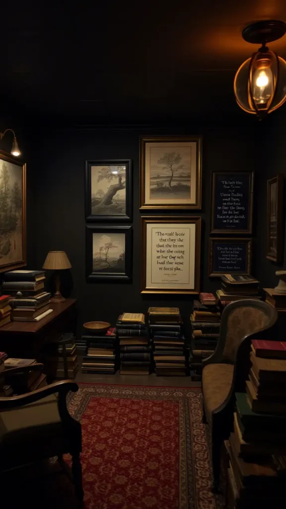 Dark academia basement with a gallery wall of framed classical art prints, vintage portraits, and literary quotes, dark wood frames, soft lighting, creating an intellectual and artistic ambiance