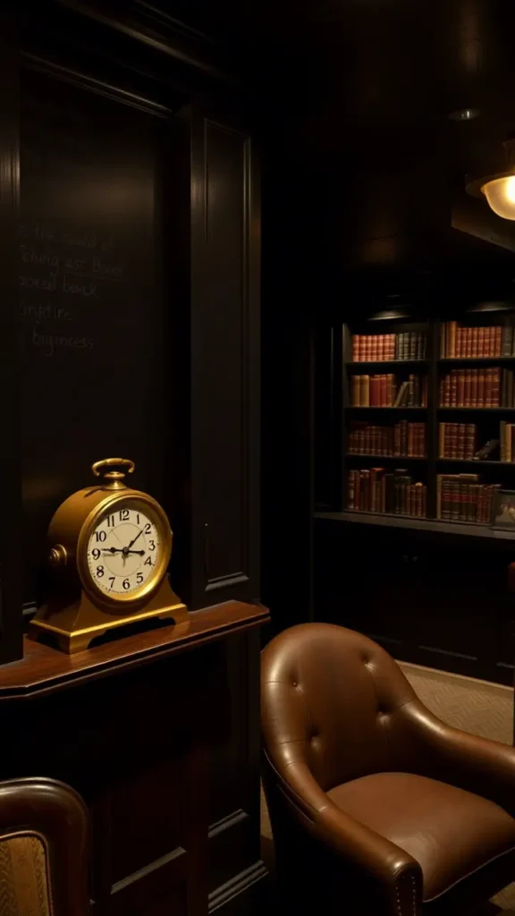 Dark academia basement with an antique brass mantel clock on a dark wood shelf, complemented by vintage books, warm lighting, and a scholarly ambiance, highlighting the timeless appeal of timepieces