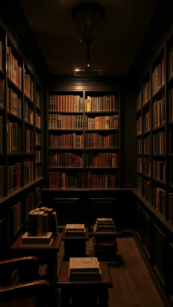 Dark academia basement with dark wood bookshelves filled with classic literature, vintage bookends, and decorative book stacks, warm ambient lighting creating a cozy, intellectual atmosphere