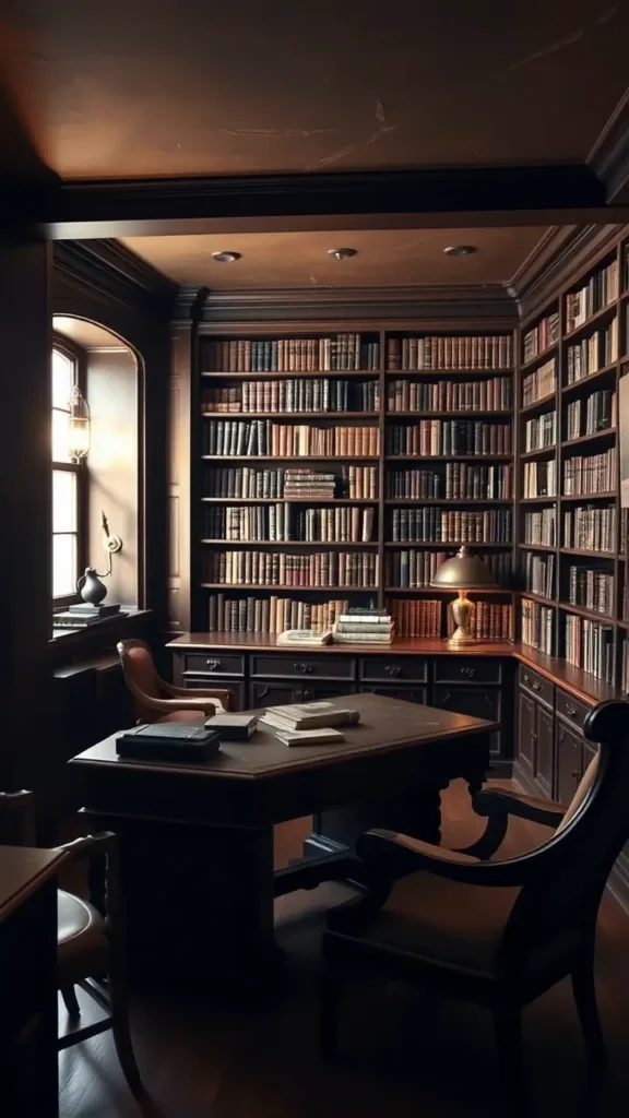 Dark academia basement with dark wood furniture, including vintage bookshelves, a wooden desk, antique armchairs, and warm brass accents, all contributing to a cozy, scholarly ambiance
