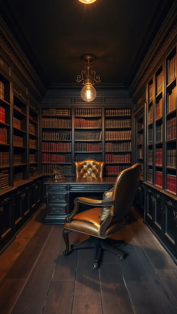 Dark academia basement featuring antique wooden desk, leather vintage armchair, ornate bookshelves with old books, dim golden lighting, rustic wooden floor, moody elegant atmosphere.