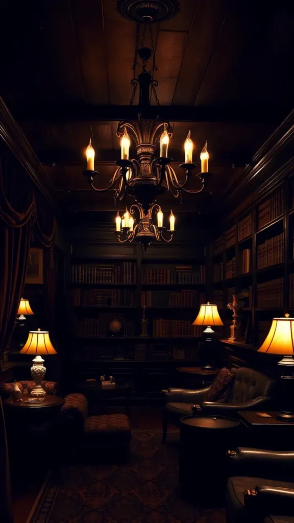 Dark academia basement with gothic-inspired chandeliers, candelabras, and vintage table lamps casting soft, warm light over dark wood furniture and antique decor, creating a moody, scholarly ambiance