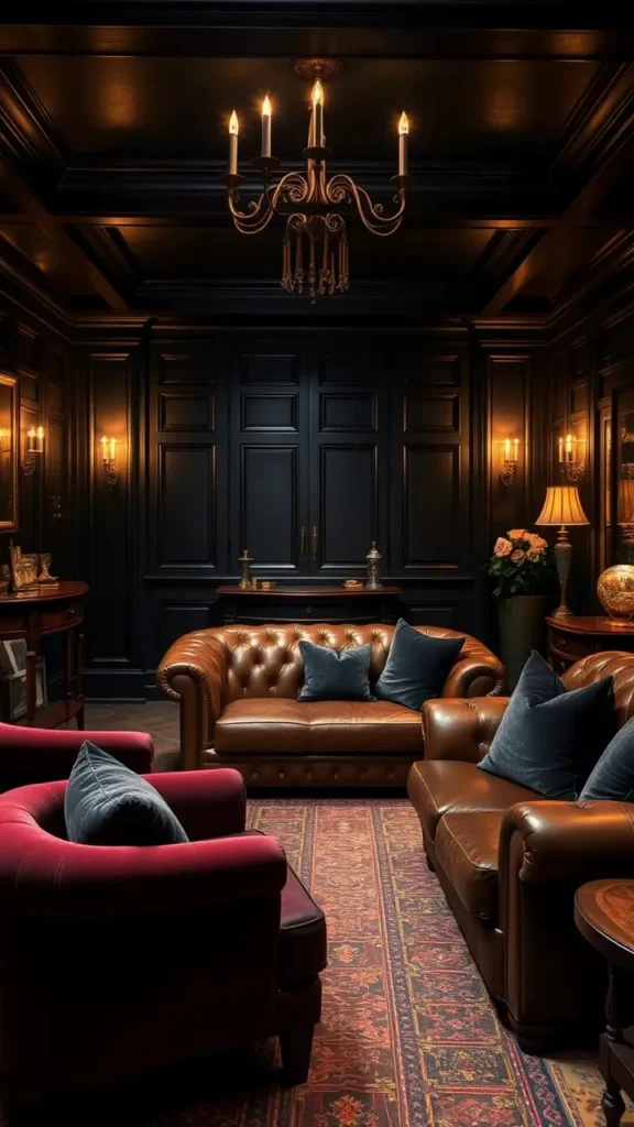 Dark academia basement with velvet armchairs, a leather sofa, and luxurious velvet throw pillows, complemented by antique wood furniture and warm lighting to create a rich, elegant atmosphere