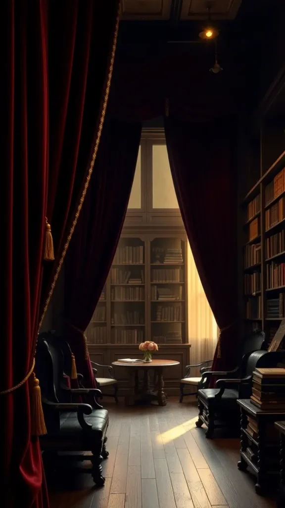 Dark academia basement with floor-to-ceiling velvet curtains in deep burgundy, tied back with gold tassels, soft light filtering through to create a luxurious and cozy atmosphere