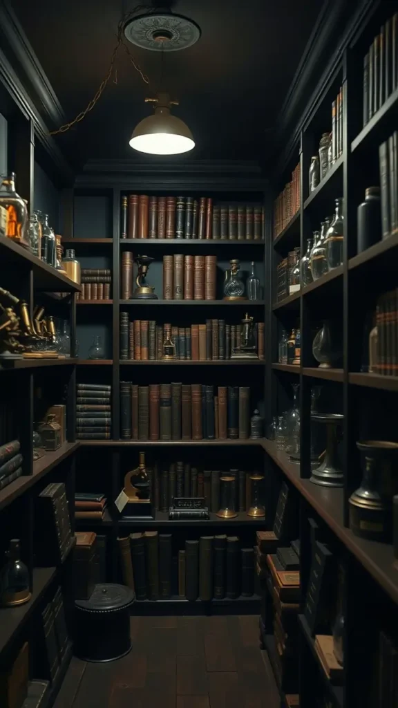 Dark academia basement featuring vintage laboratory equipment such as brass microscopes, glass beakers, and antique scales arranged on dark wood shelves, complemented by leather-bound books and warm ambient lighting to create a scholarly and mysterious atmosphere