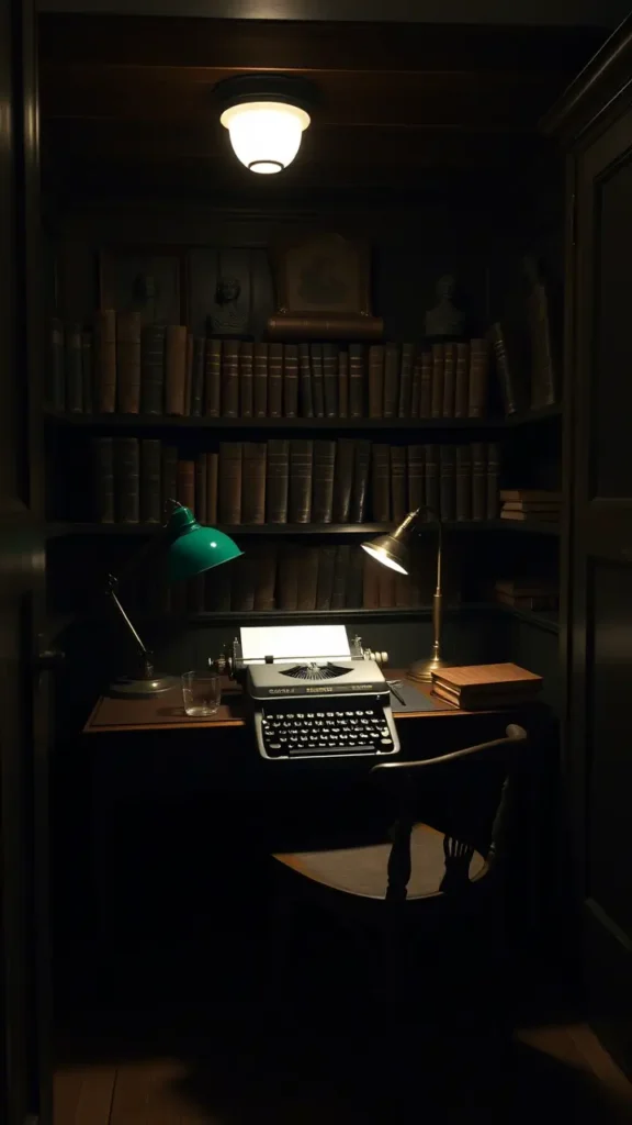 Dark academia basement featuring a vintage typewriter on a dark wood writing desk, accompanied by leather-bound journals, a green-shaded banker’s lamp, and antique literary decor, creating an inspiring and scholarly writing nook