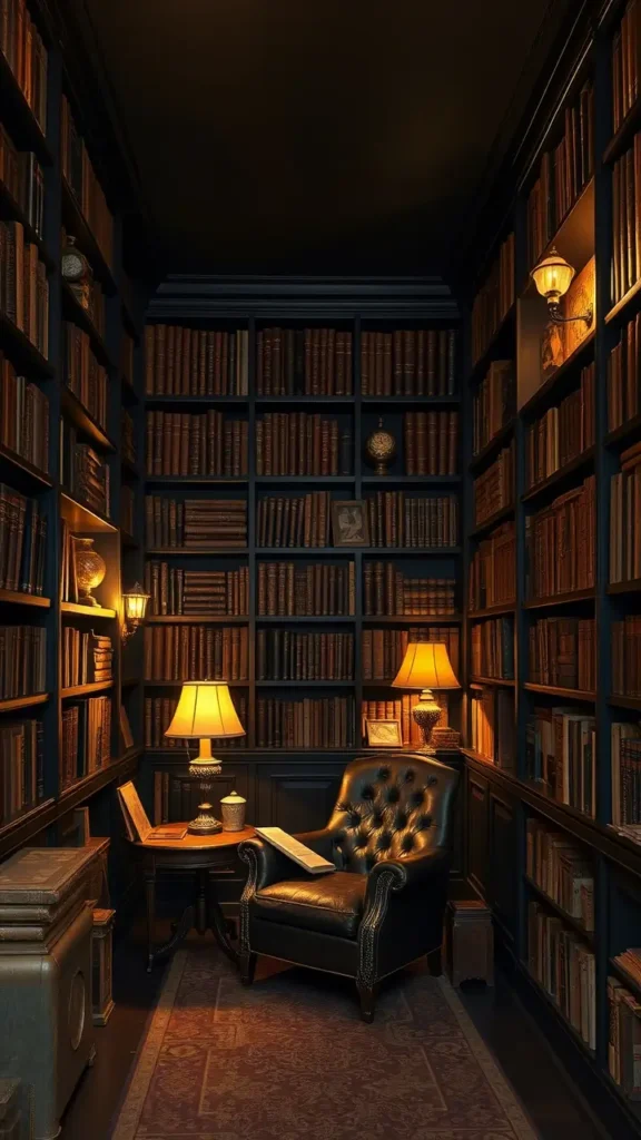 Dark academia basement with built-in floor-to-ceiling dark wood bookshelves, filled with vintage books, antique decor items, warm lighting, dark painted walls, and a cozy reading nook with a leather chair.
